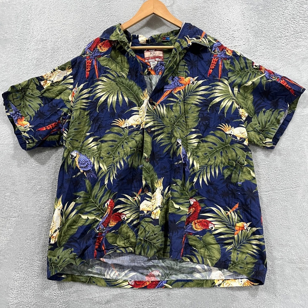 Vintage RJC Hawaiian Shirt Mens 2XL Made in Hawaii Islands Palm Trees Parrot 90s